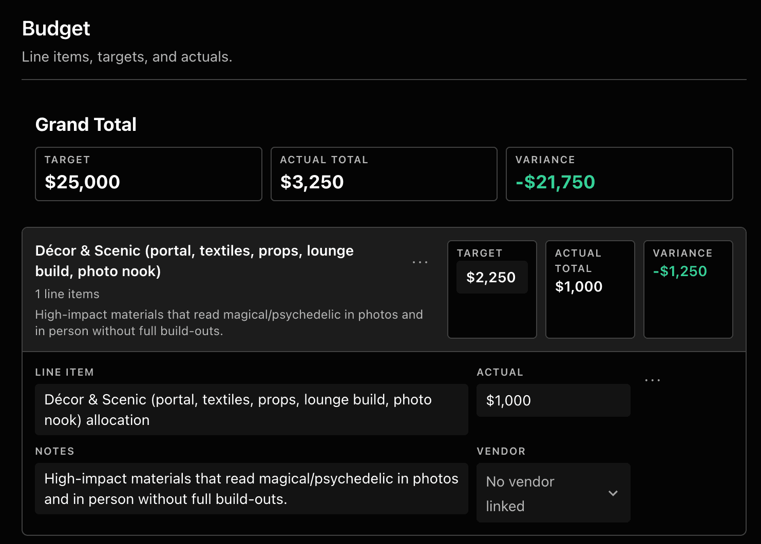 Budget management view with line items per category showing targets, actuals, and totals