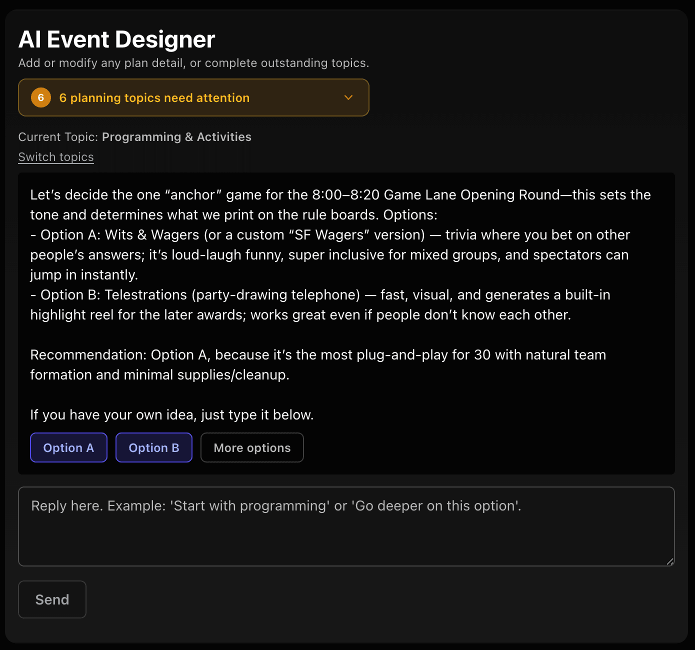 AI Event Designer panel open for editing theme and narrative details of the event concept
