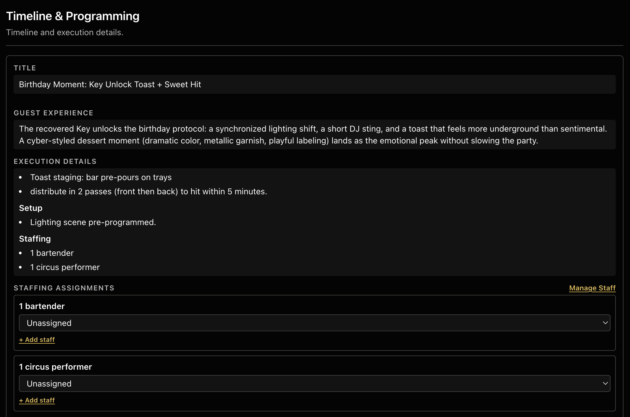 Operational timeline listing each event segment with time labels, execution notes, and staffing assignments