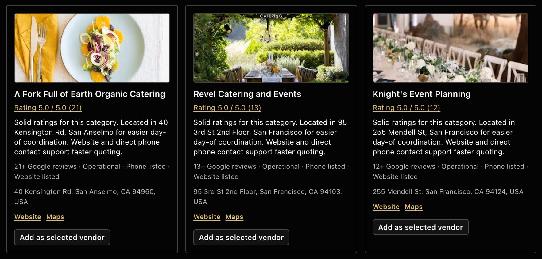 Vendor management panel with recommended vendors organized by category