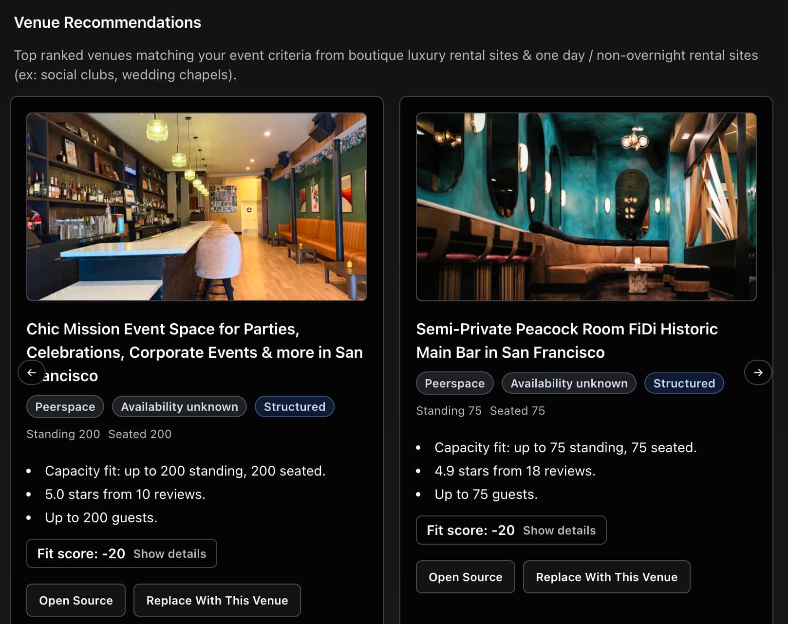 Venue recommendations showing options with descriptions, capacity, and pricing notes