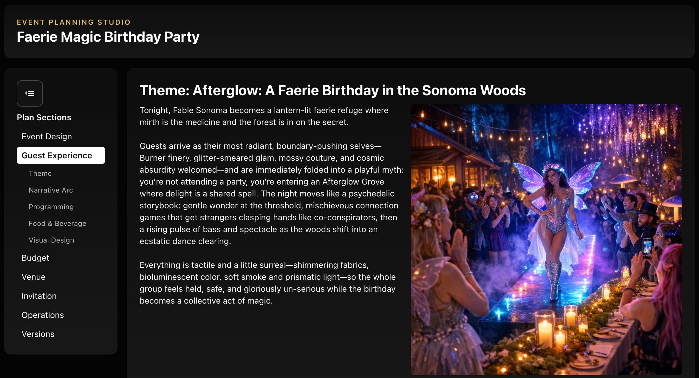AI-generated event concept showing creative theme, narrative, and atmosphere details