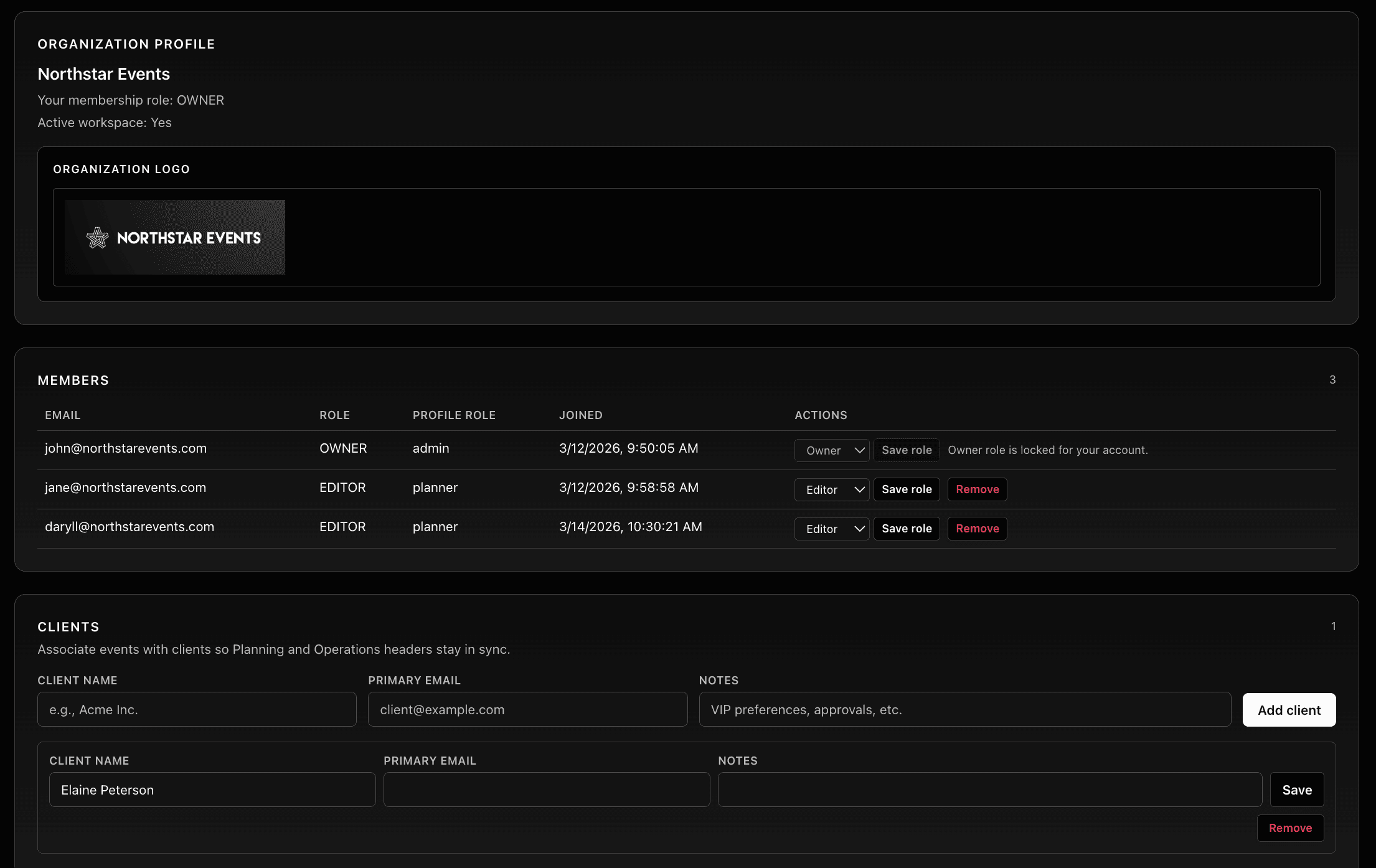 Organization management screen listing clients and staff members with roles and contact details