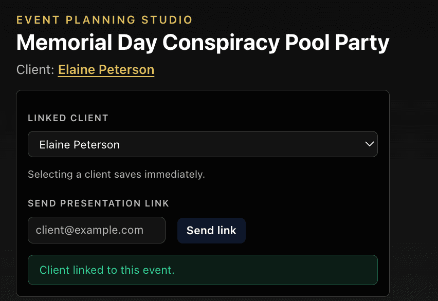 Client-facing plan preview shown as a polished presentation with branding and event details
