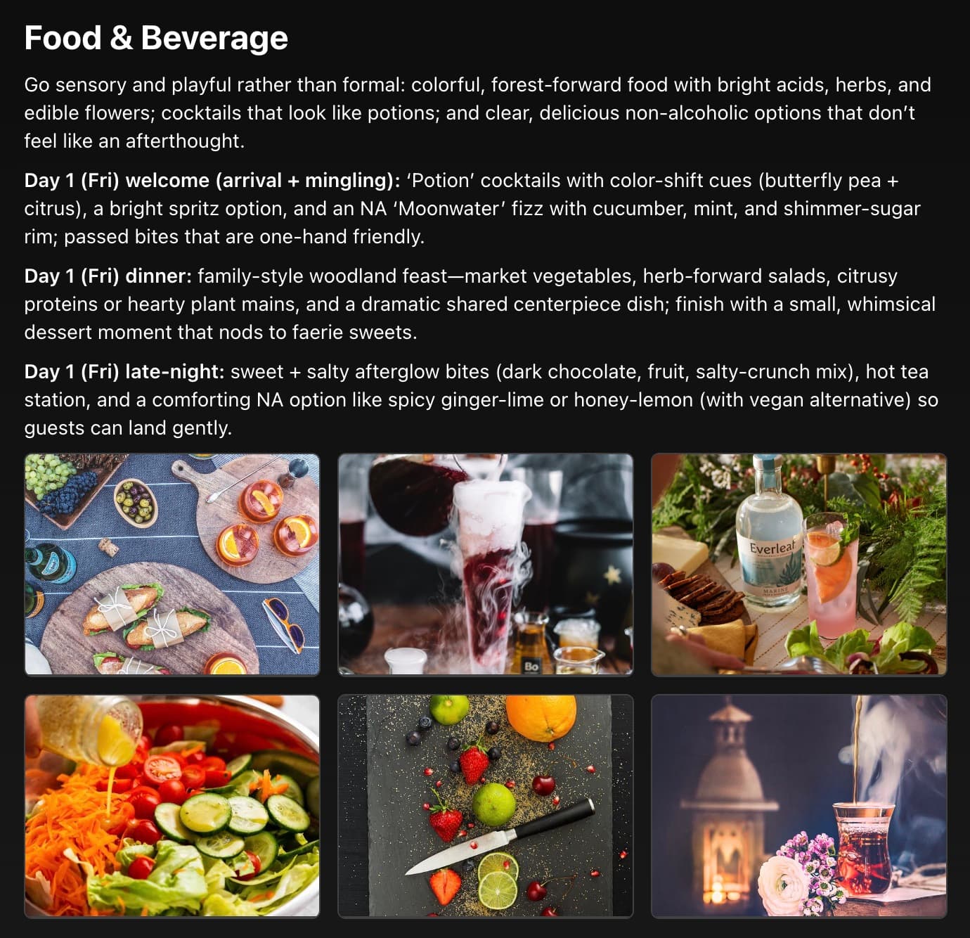 Food and beverage plan with menu ideas, style recommendations, and visual previews
