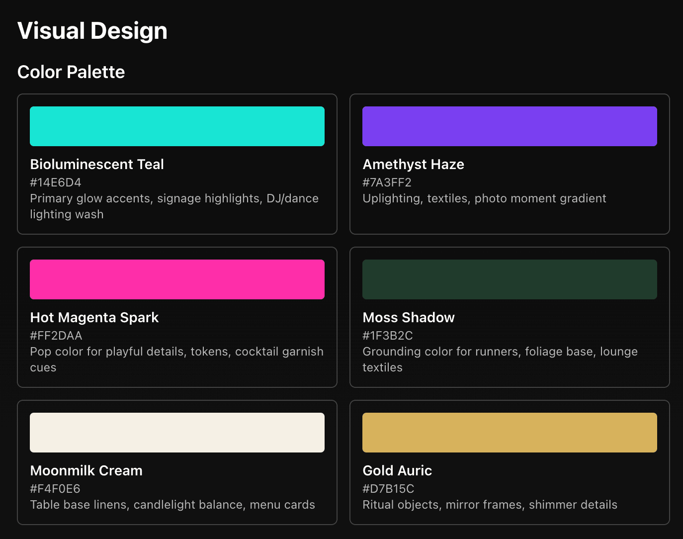 Visual design plan showing color palette, typography, decor style, and aesthetic direction
