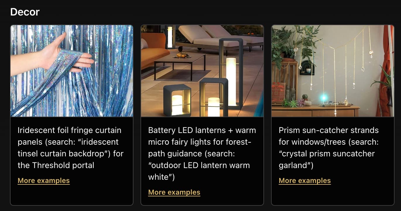 Decor recommendations listing specific items with links to purchase each one