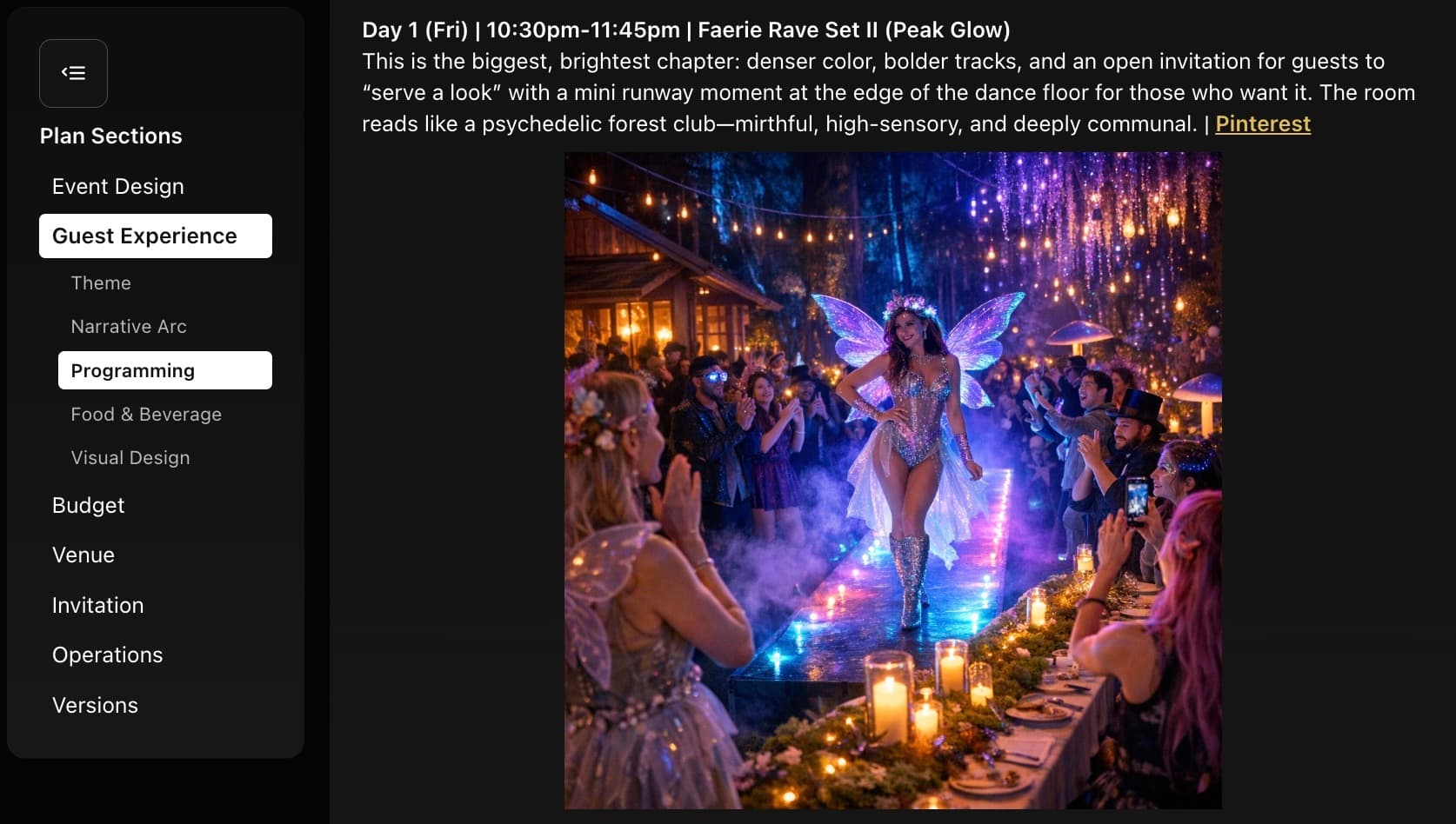 Run-of-show view listing the full sequence of activities and programming for the event