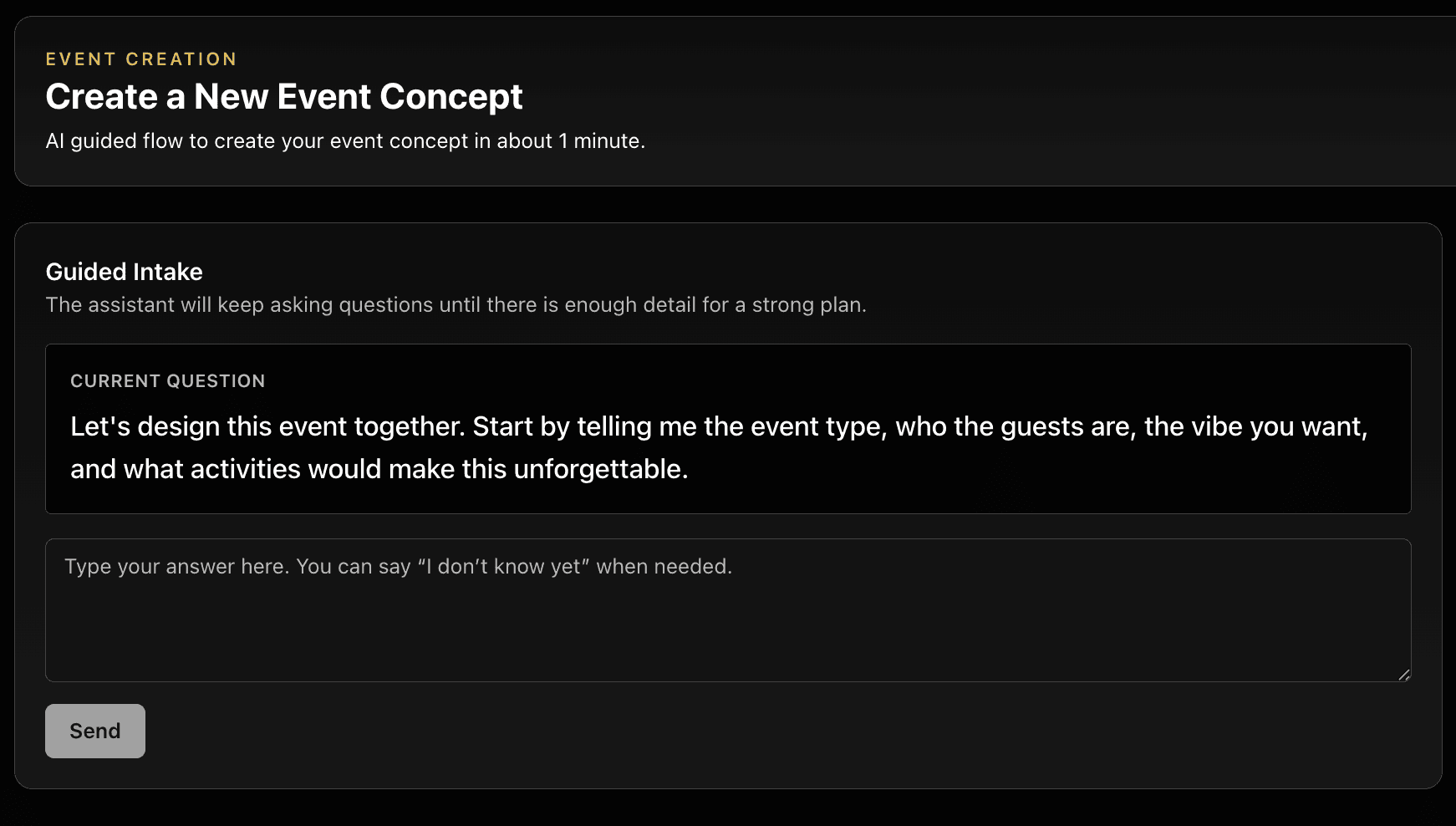 AI Event Designer chat interface generating a new event concept from a short conversation