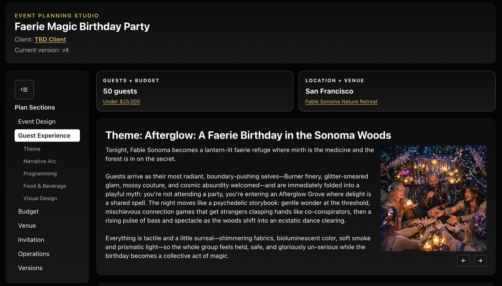 The Dream Event planning dashboard
